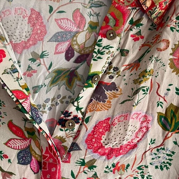 Soft Surroundings Afternoon Tea Floral Tunic Blouse Size Medium Orange Green Tan - Picture 7 of 10